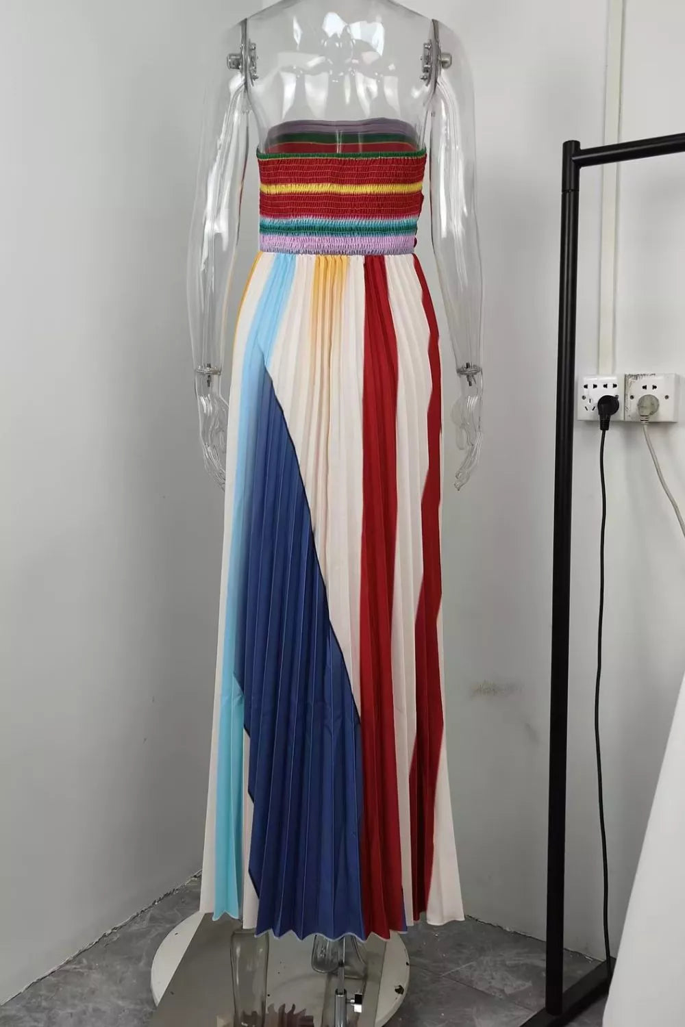 Multicolor striped pleated strapless maxi dress styled view