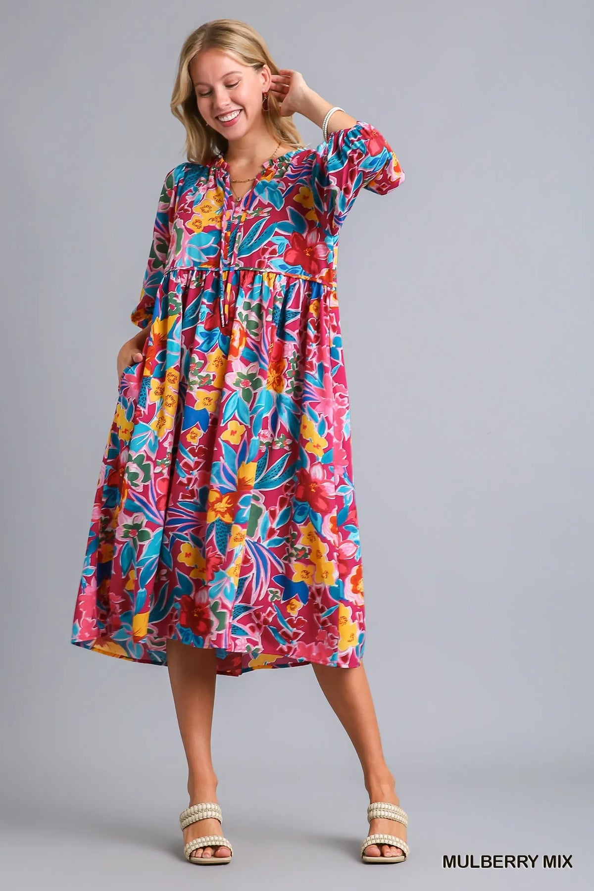 Floral Print Tie Neck Midi Dress with Pockets back view