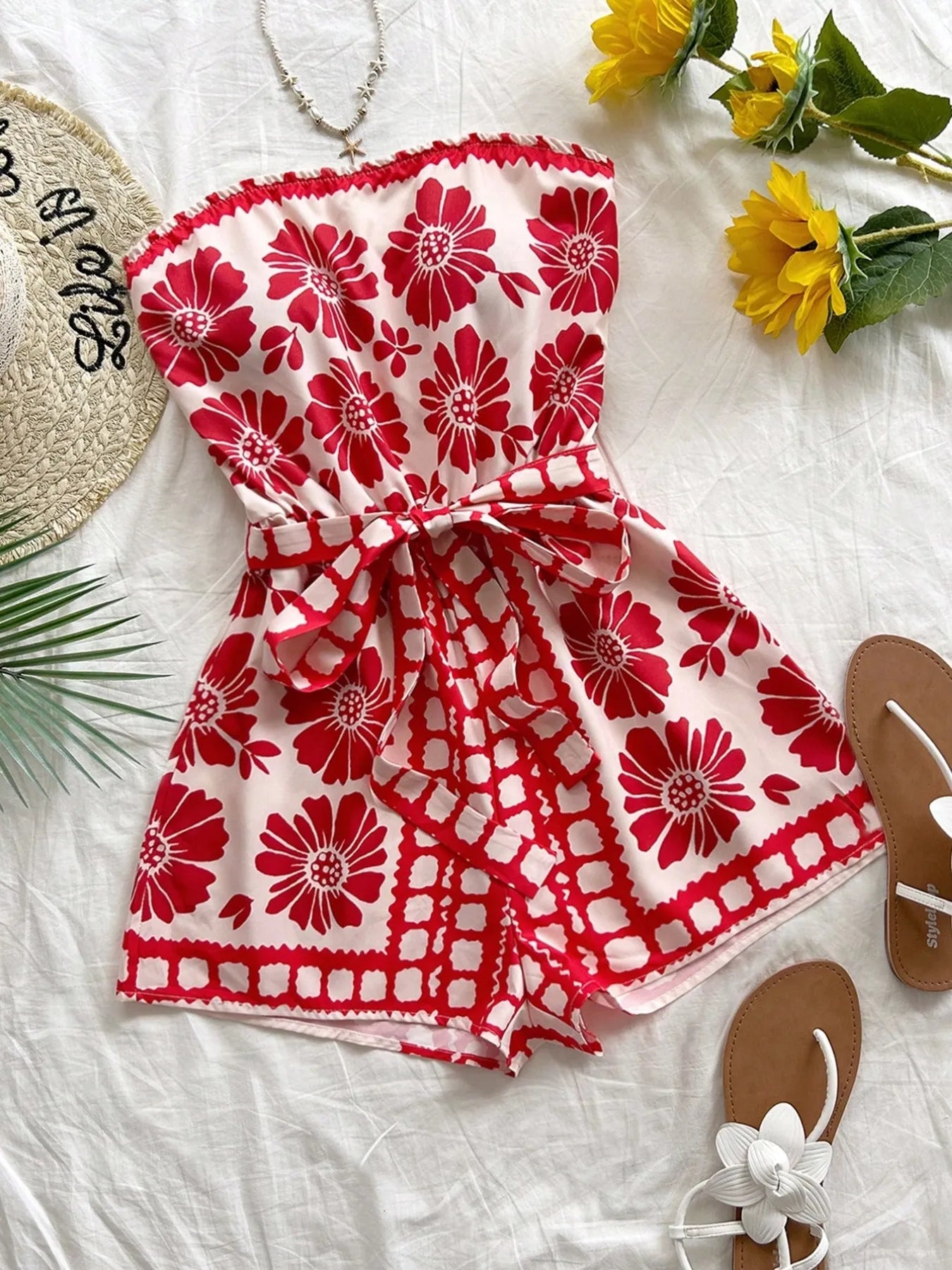 Printed Tube Tie Waist Romper Deep Red - Fashorio