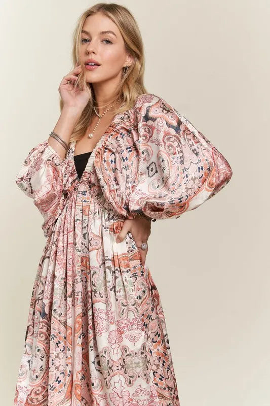 Floral Print V Neck Batwing Sleeve Dress in Blush close up