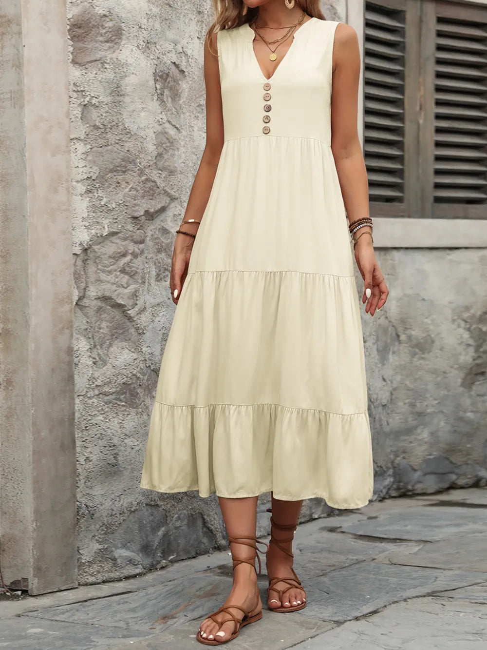 Ivy Lane Decorative Button Notched Sleeveless Dress - Fashorio