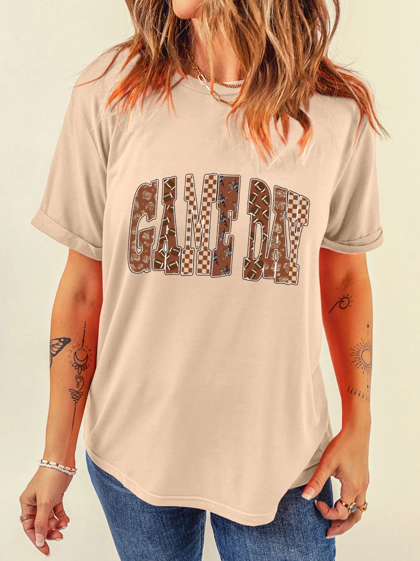 Full Size GAME DAY Checkered Letter Graphic T Shirt Plus Size Tan - Fashorio