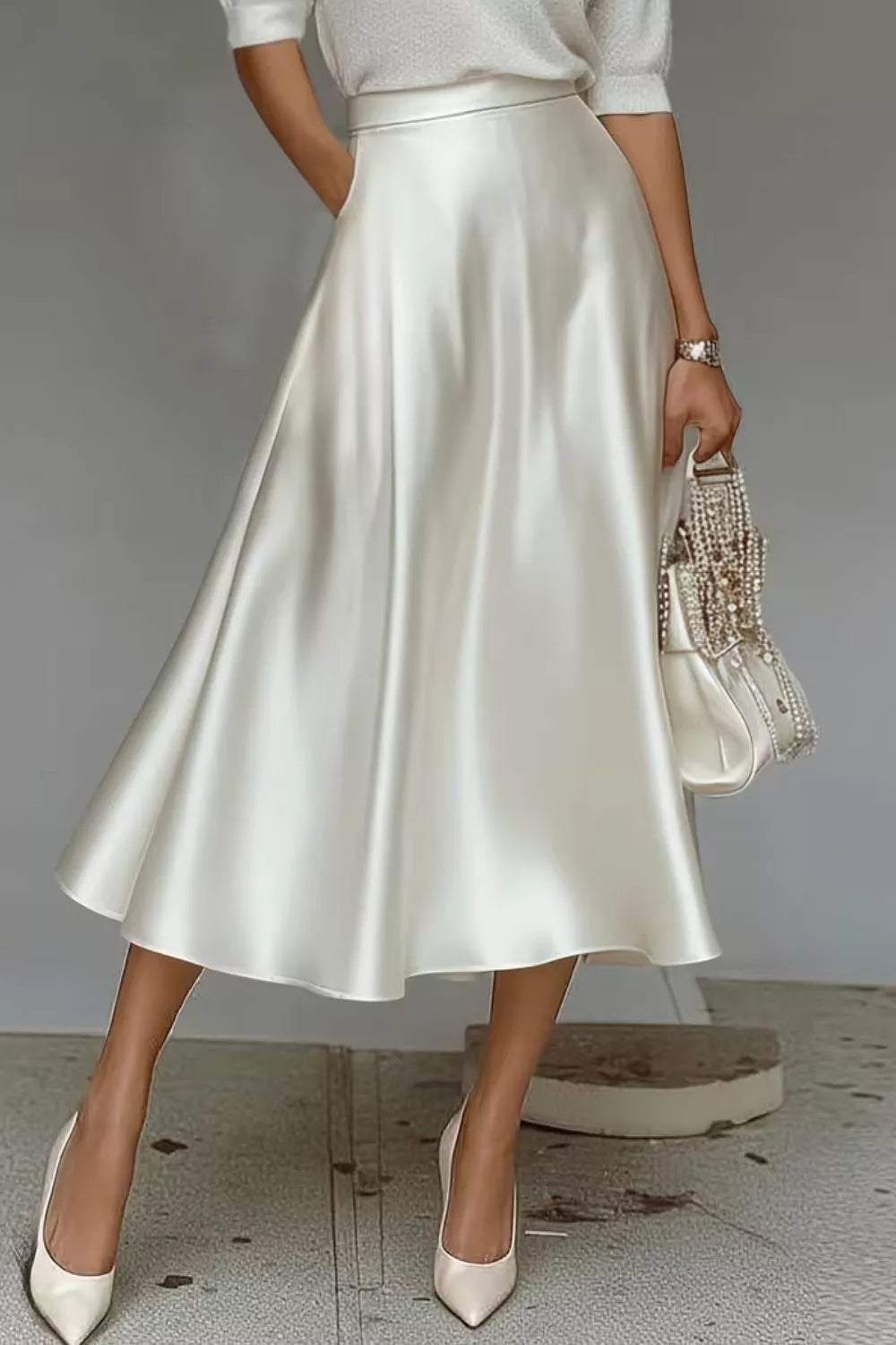 Satin A line midi skirt side view