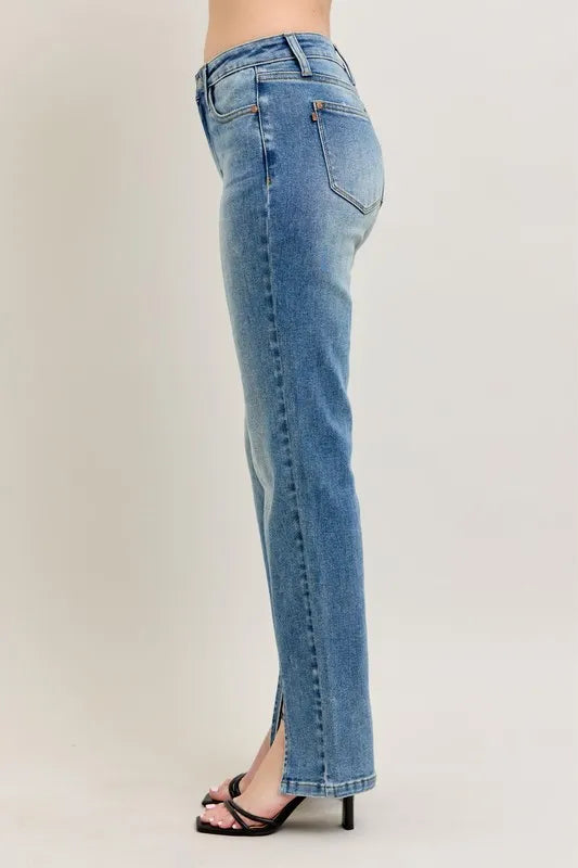 Judy Blue vintage wash straight jeans front seam detail