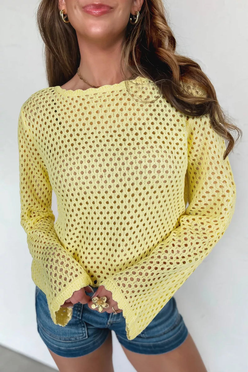 Scalloped trim hollow out knit long sleeve top front view
