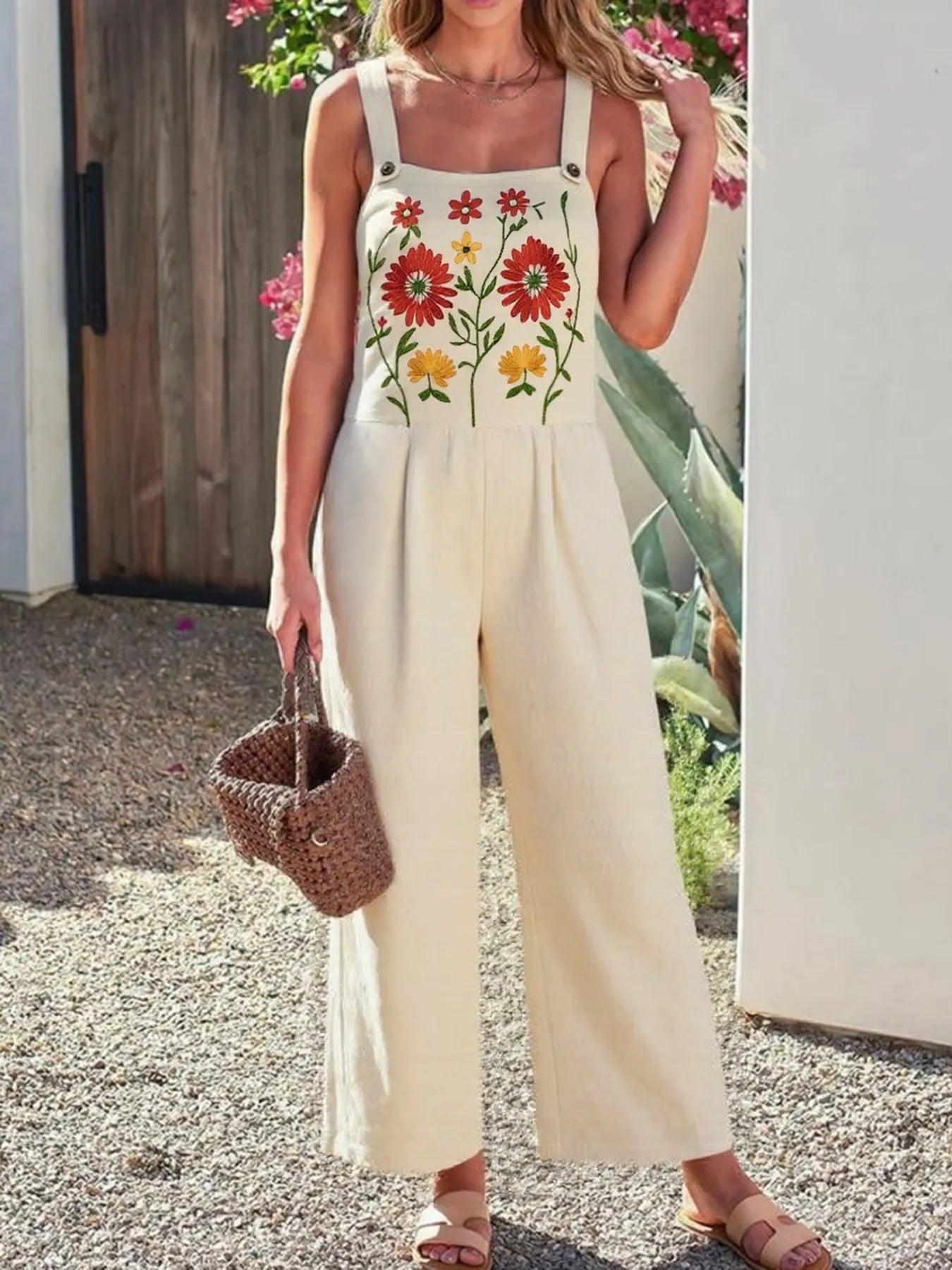 Floral Embroidered Wide Leg Jumpsuit - Fashorio