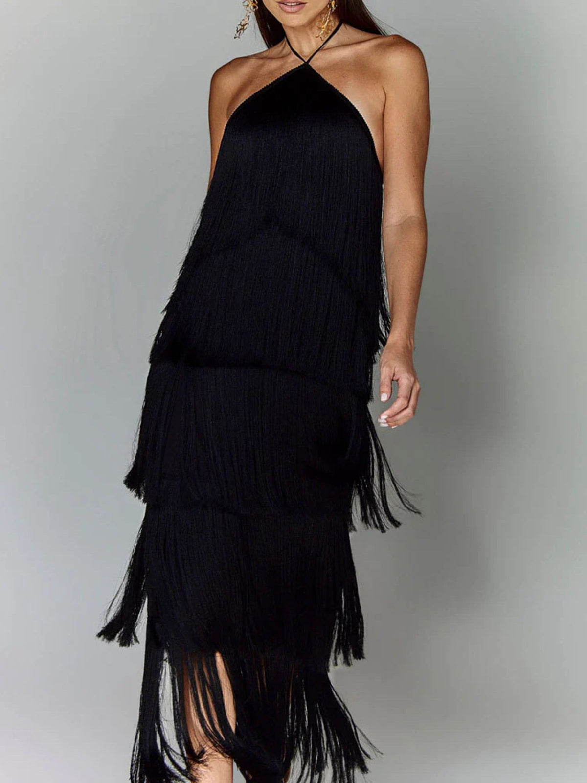Camel fringe halter maxi dress on model