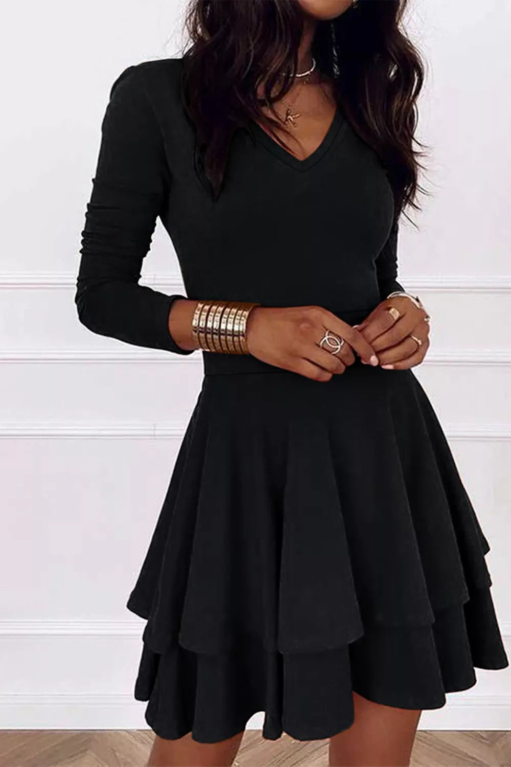 Dark navy tiered mini dress side view