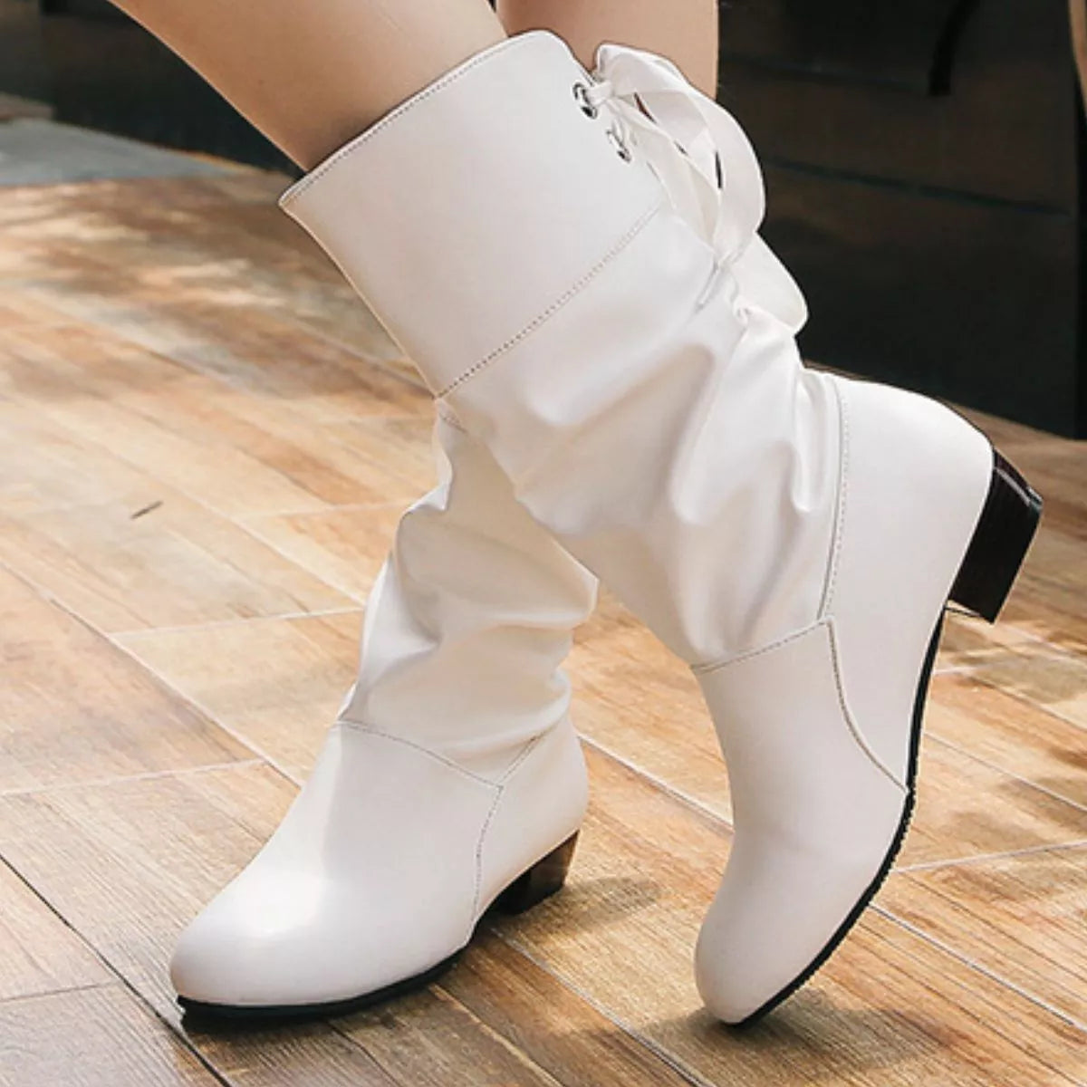 Round Toe Block Heel Boots back view