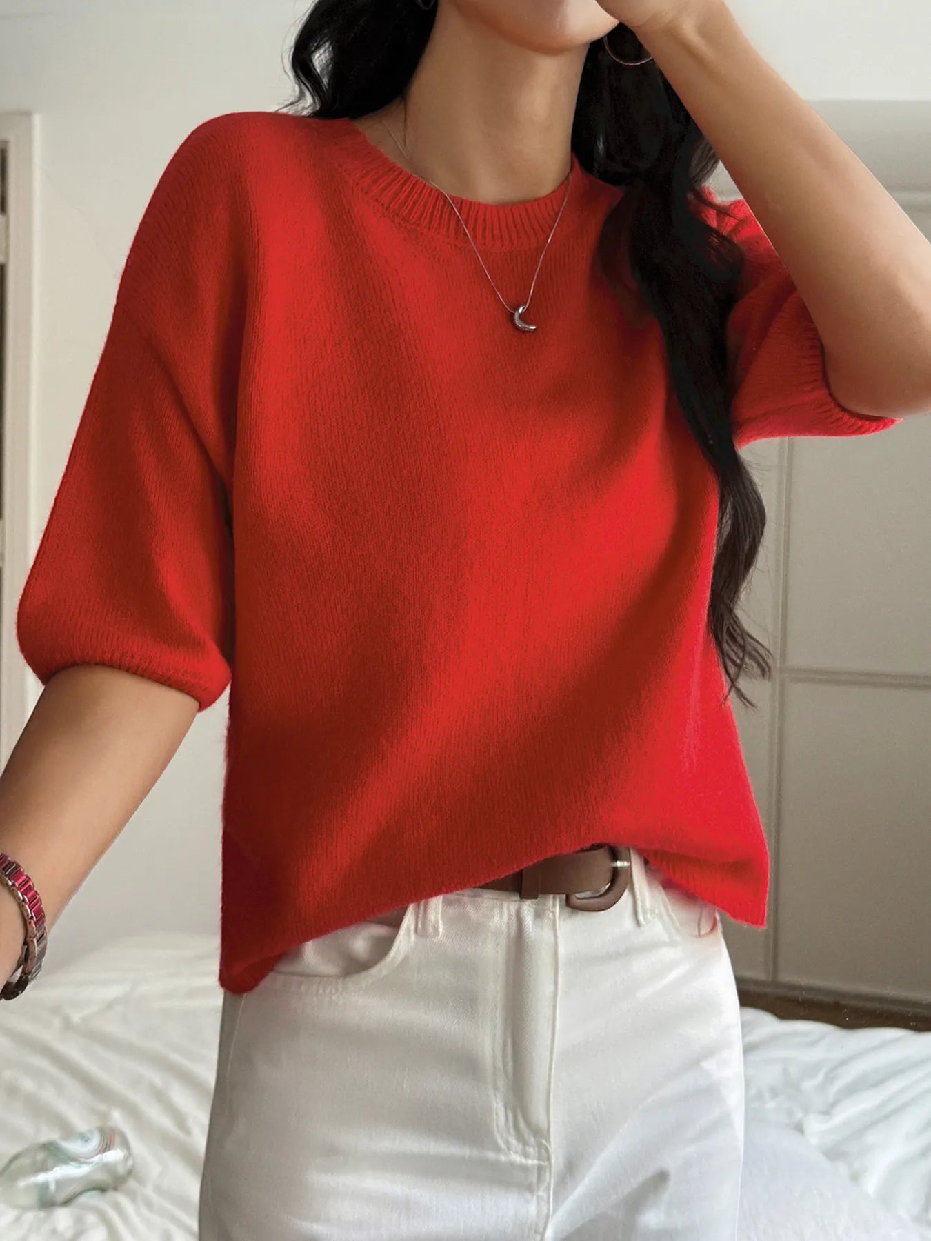 Ribbed Hem Round Neck Sweater Deep Red - Fashorio