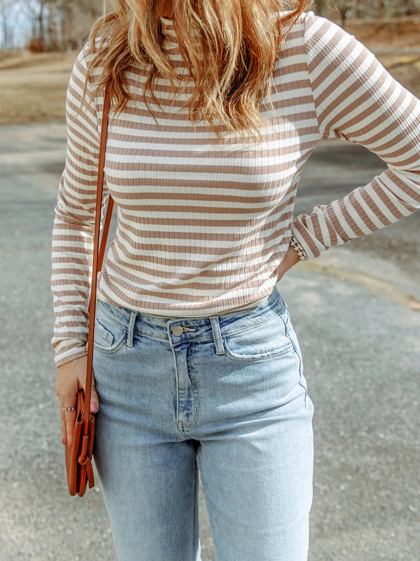 Striped Textured Knit Long Sleeve Tee - Fashorio