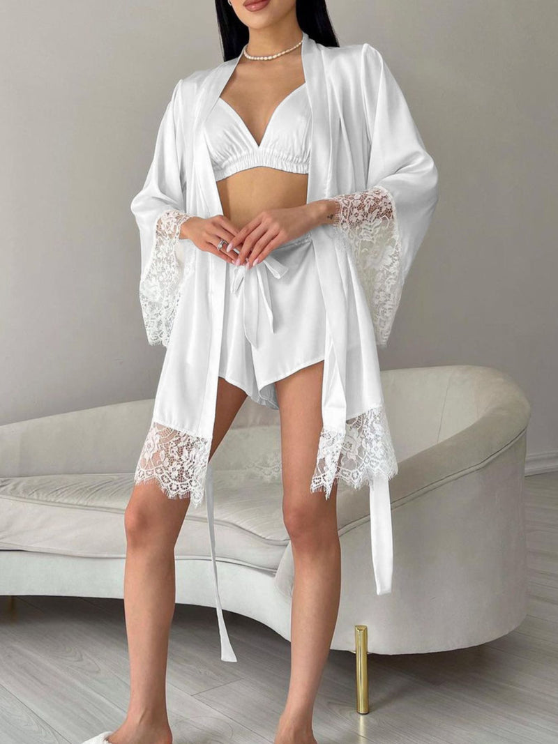 White cami lace cardigan and shorts lounge set