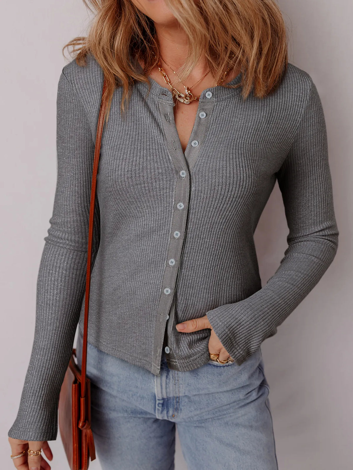 ribbed button up metallic cardigan dark gray front view