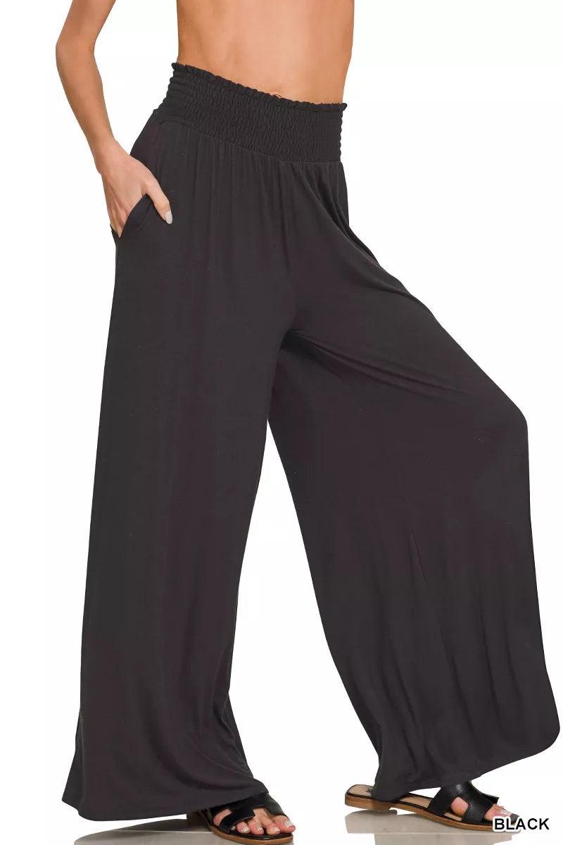Black wide leg palazzo pants smocked waist front view