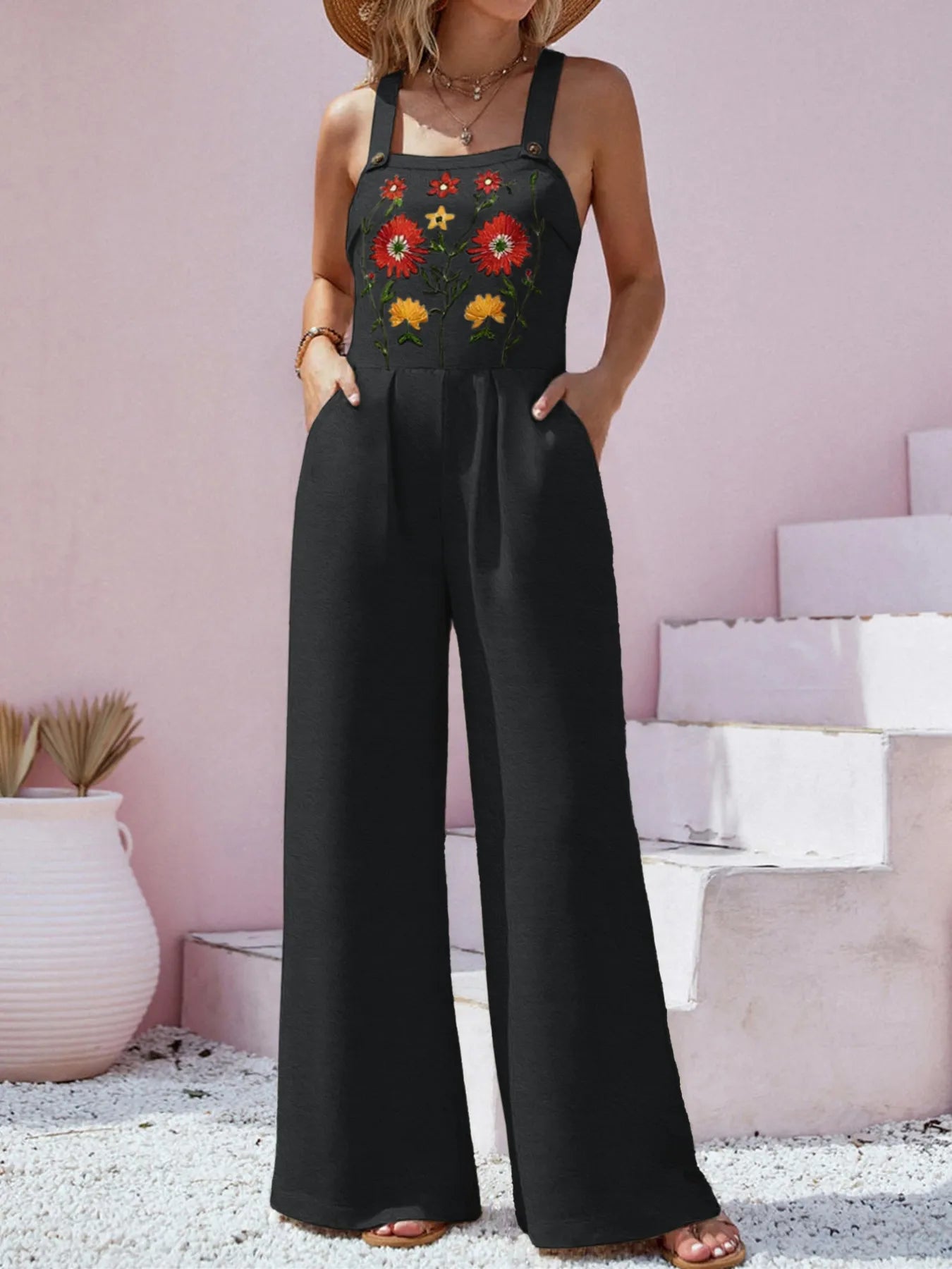 Floral Embroidered Wide Leg Jumpsuit Black - Fashorio
