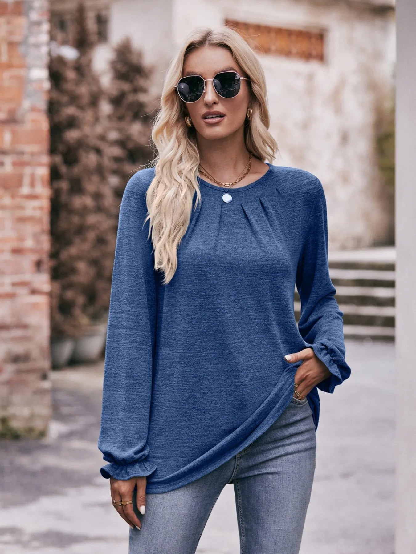 Round Neck Long Sleeve Casual T-Shirt Indigo - Fashorio