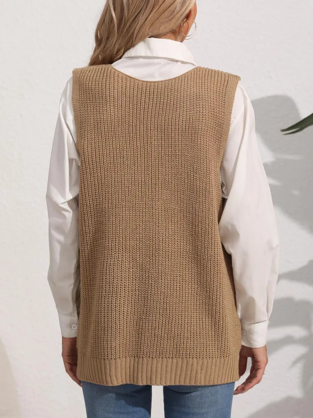 Pocketed V Neck Sweater Vest in Camel back view