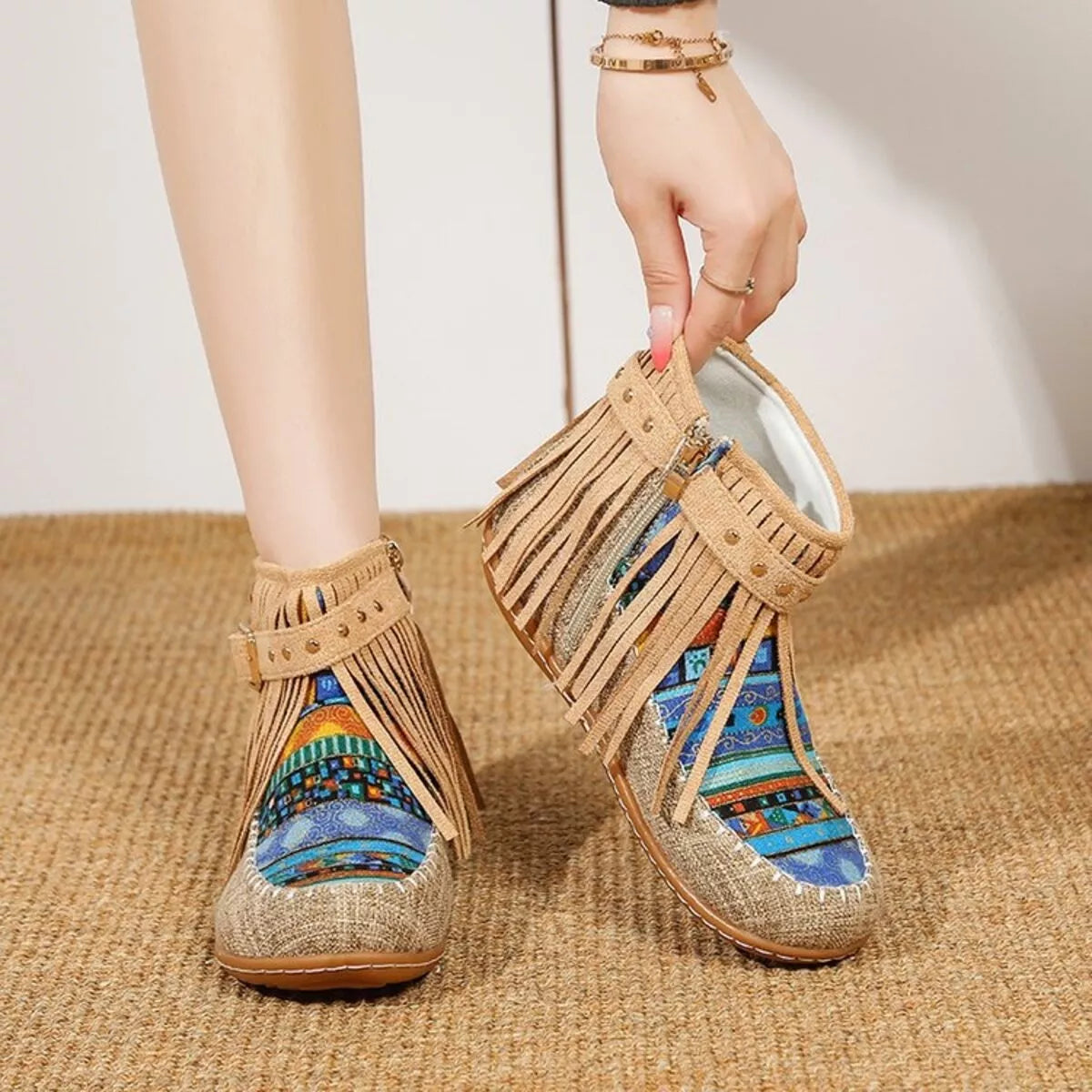 Fringe side zipper ankle boots, styled on model