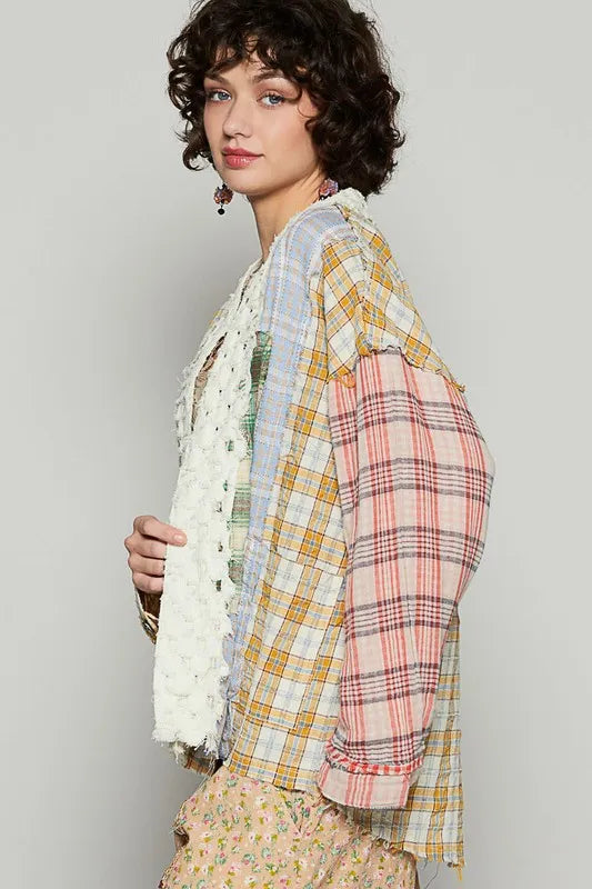 POL Raw Edge Plaid Open Front Cardigan - Fashorio