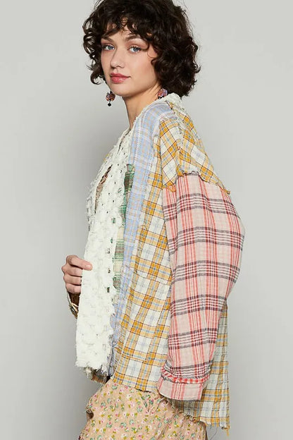 POL Raw Edge Plaid Open Front Cardigan - Fashorio
