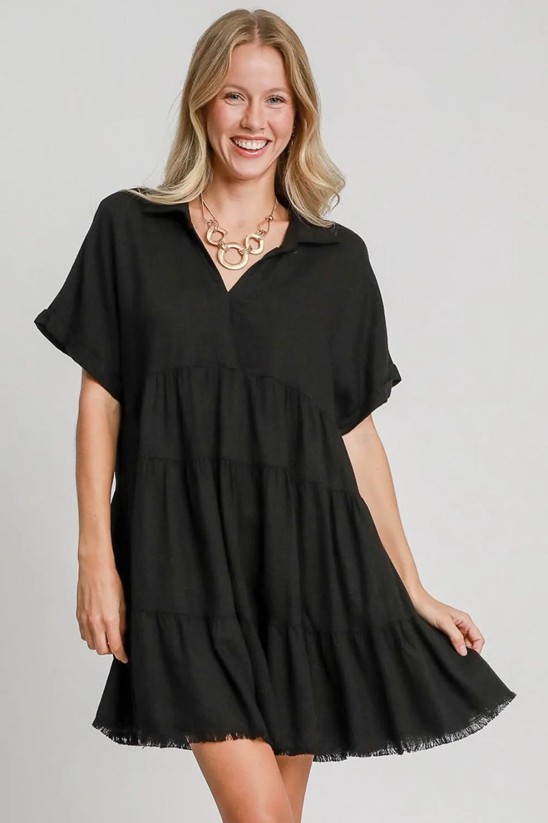 Raw Hem Folded Sleeve Tiered Dress