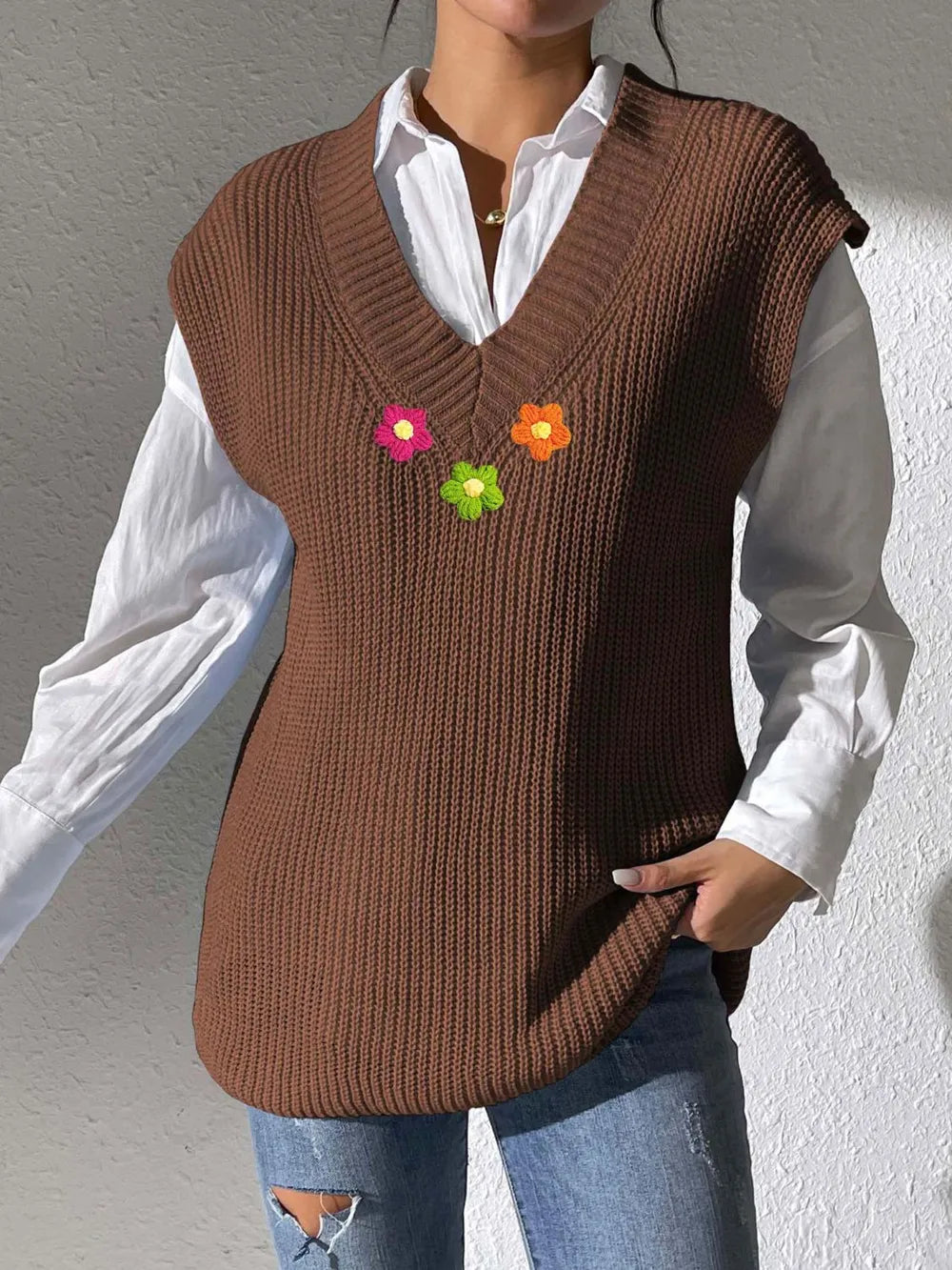 Floral V Neck Sweater Vest in Ivory view 11