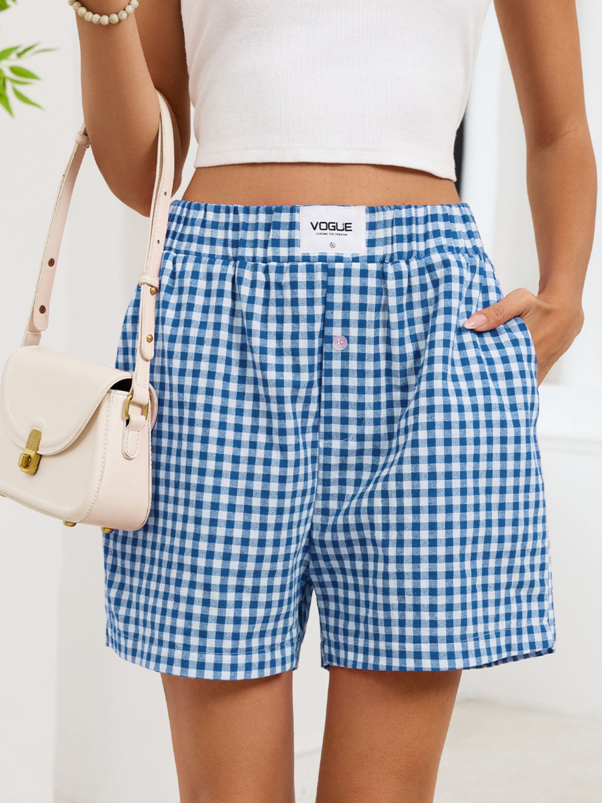 Gingham elastic waist shorts three quarter view