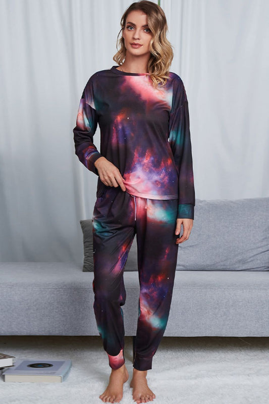 Shiny Tie-Dye Crewneck Top and Drawstring Waist Joggers Lounge Set Indigo - Fashorio