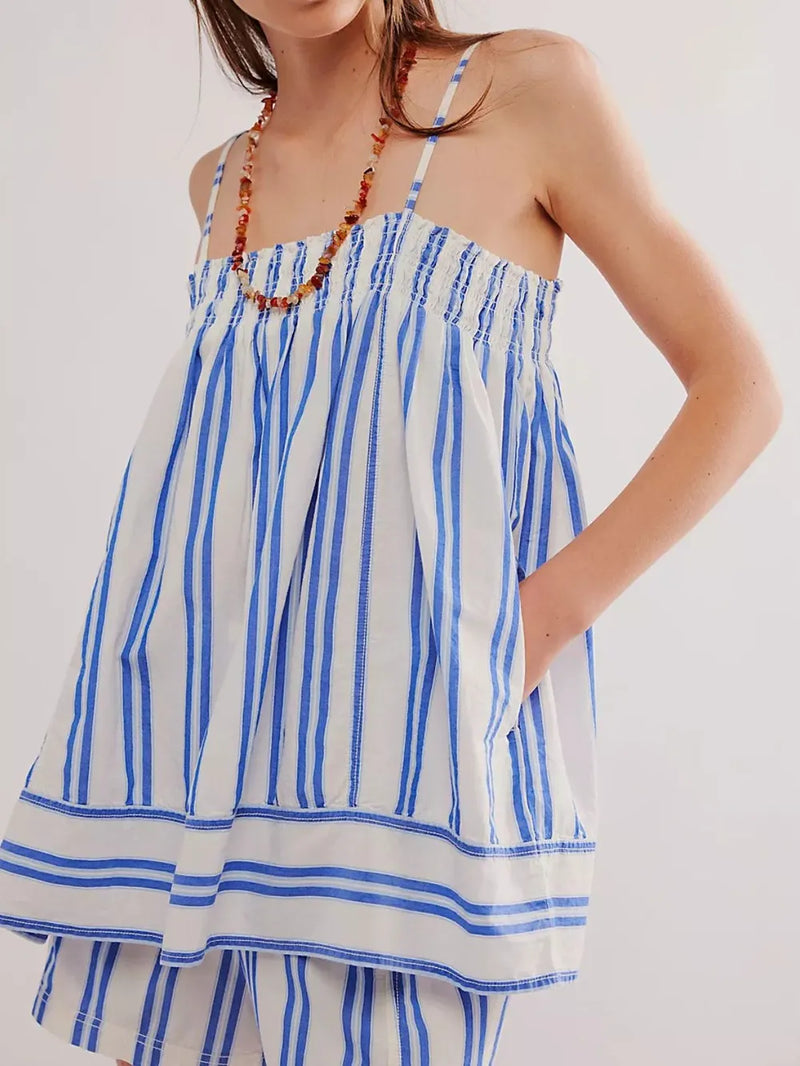 Smocked square neck cami and shorts set in blue