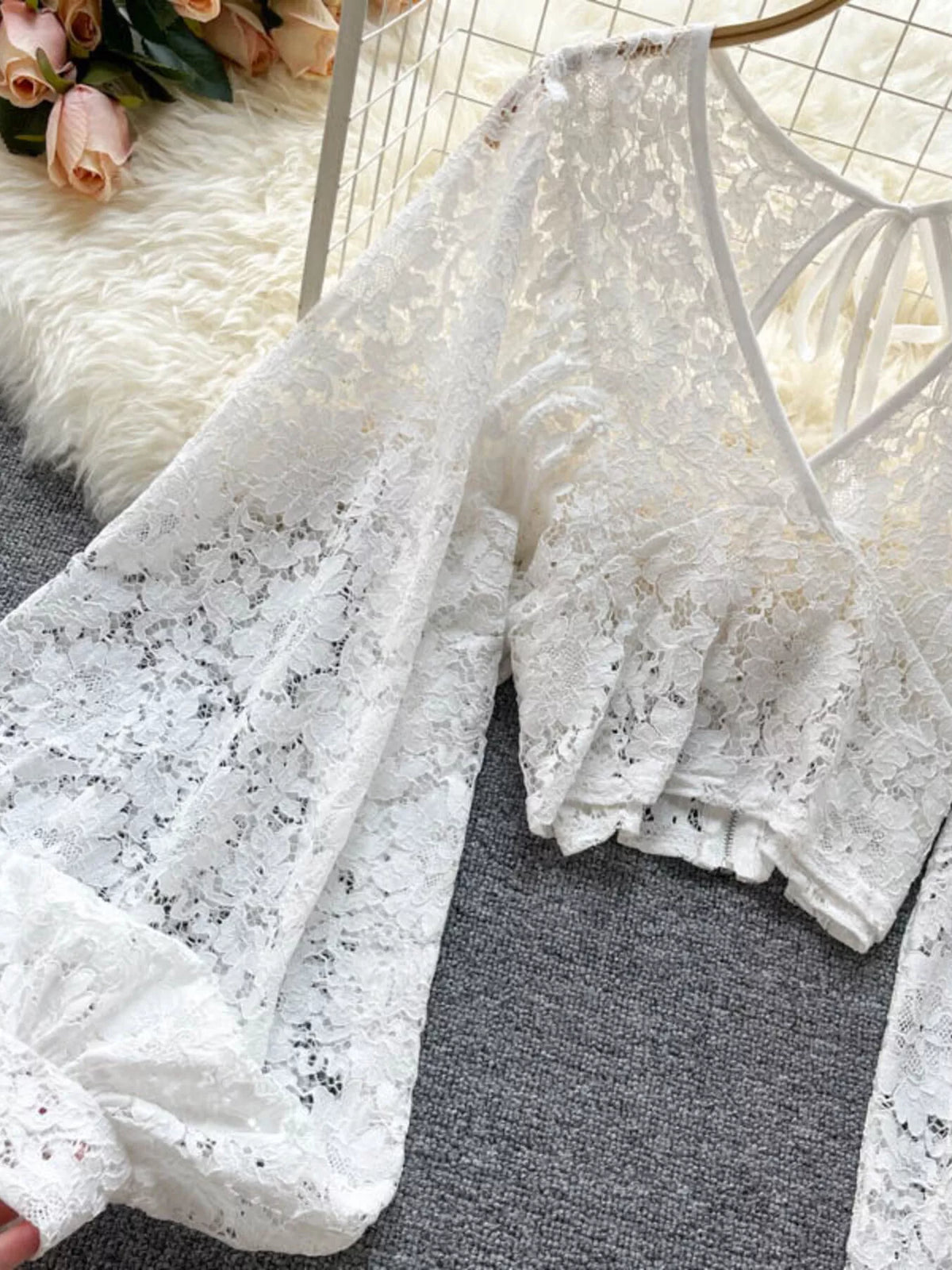 Lace tie back long sleeve top, back view
