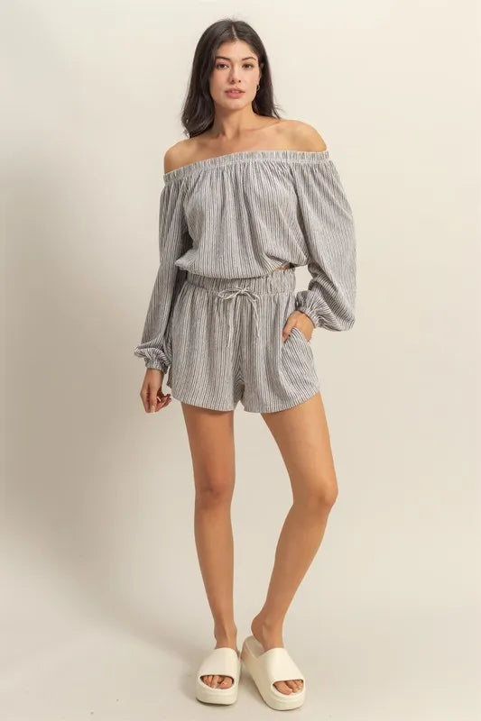 HYFVE Off Shoulder Top and Shorts Set BLACK WHITE - Fashorio