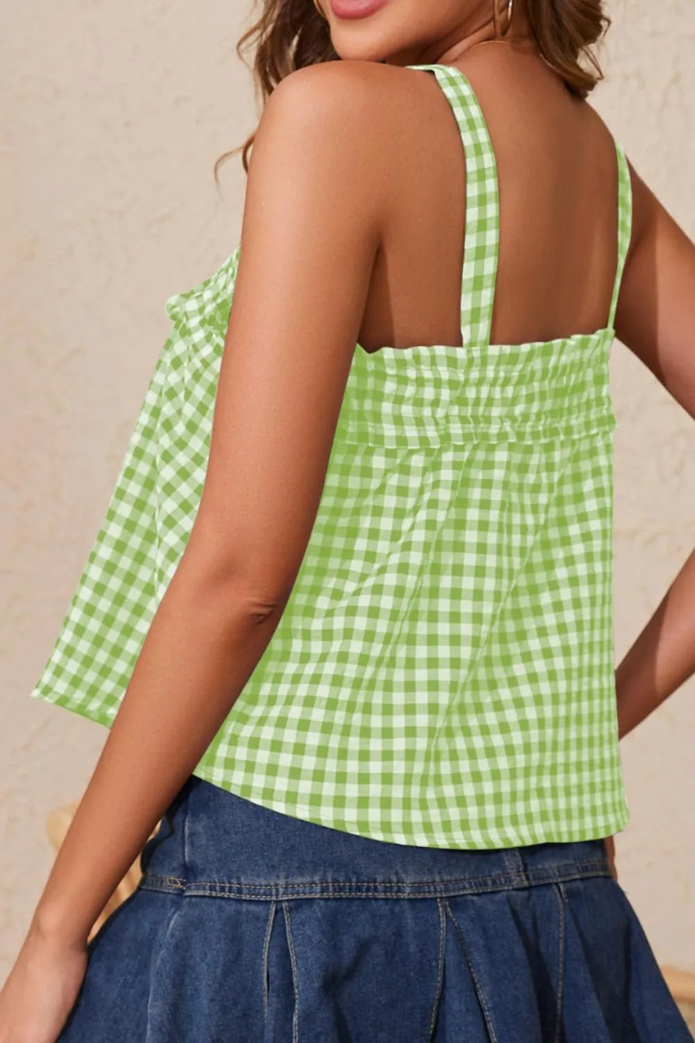 Close up of tied front textured square neck cami top fabric