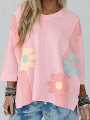 Flower Patched Exposed Seam Oversized T Shirt Watermelon pink - Fashorio