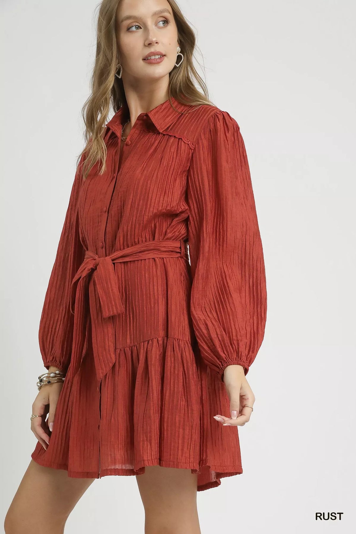 Crinkle Button Front Tiered Mini Dress in Rust back view