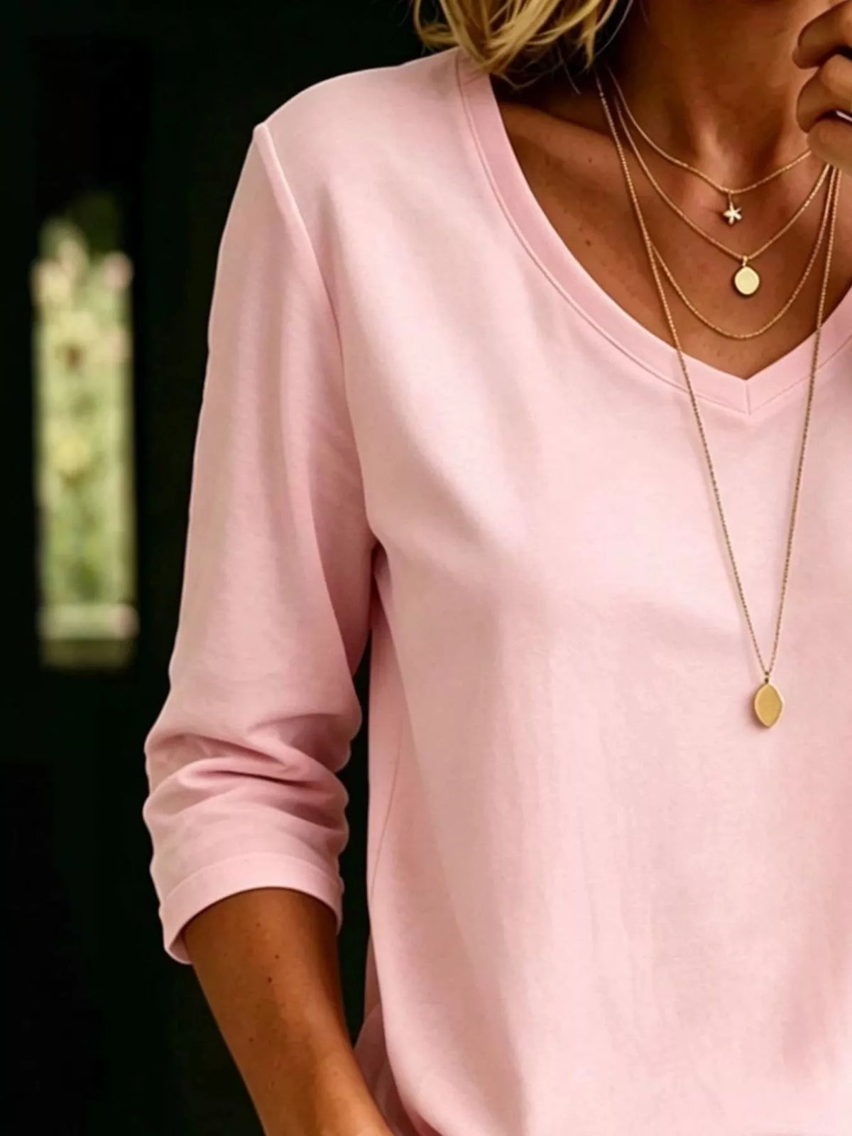 Burgundy v neck tee with three quarter sleeves