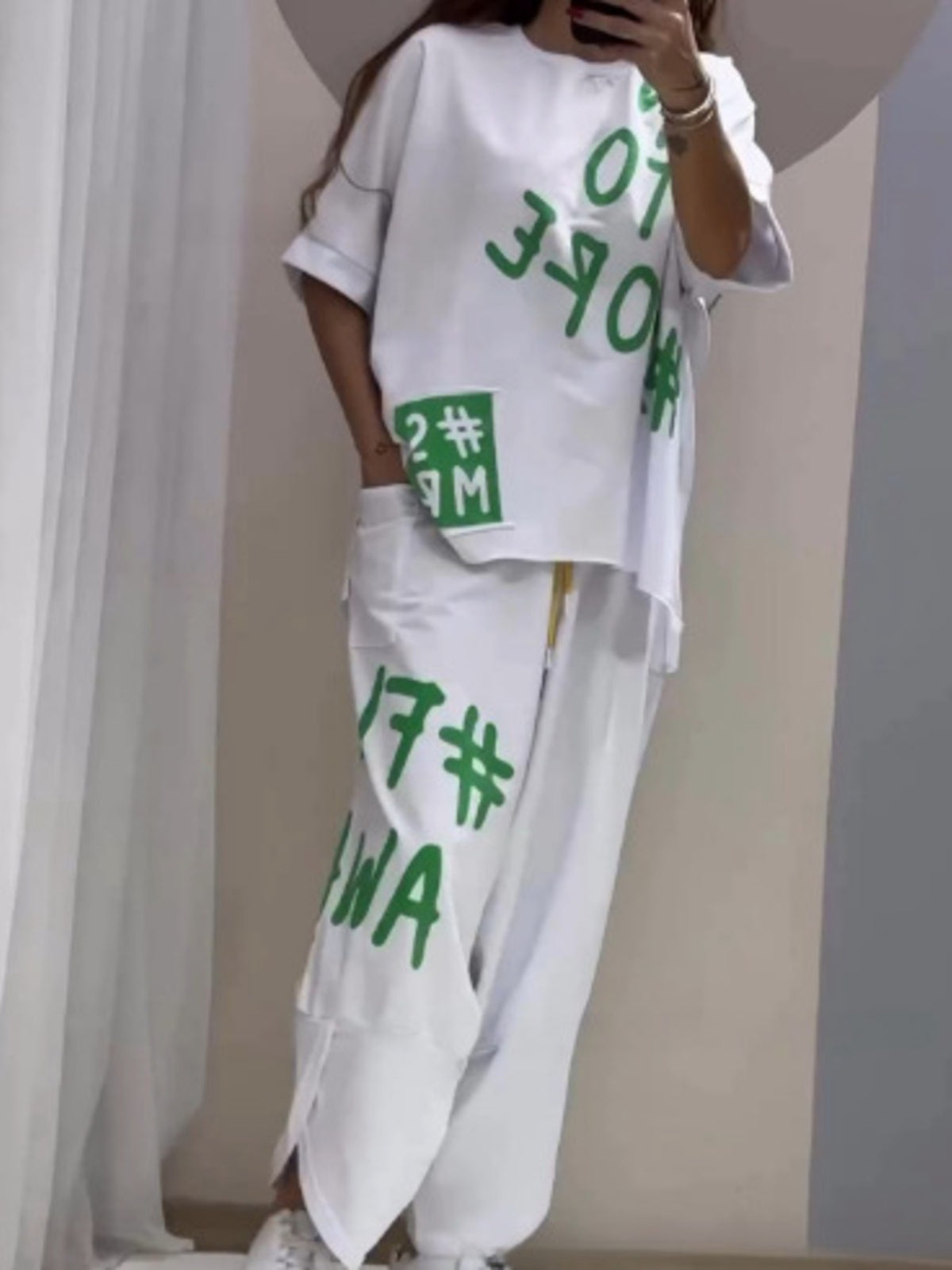 Letter Round Neck Tee and Pants Set Plus Size, view 10