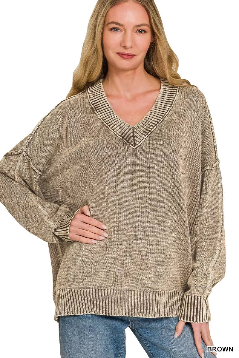 Washed brown oversized V neck sweater front view