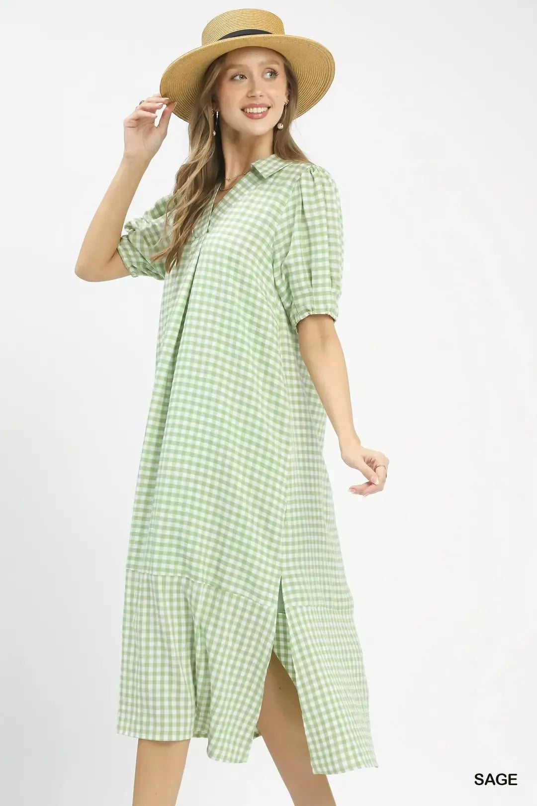 Model wearing the gingham midi dress