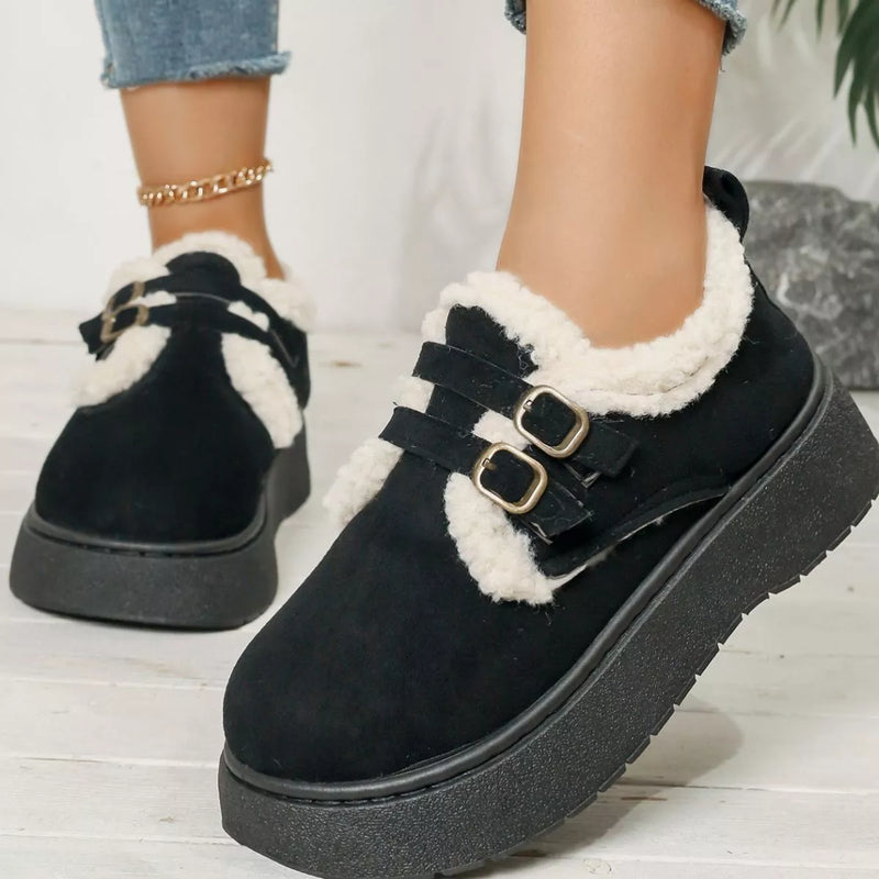 Faux fur trim buckle platform boots front view