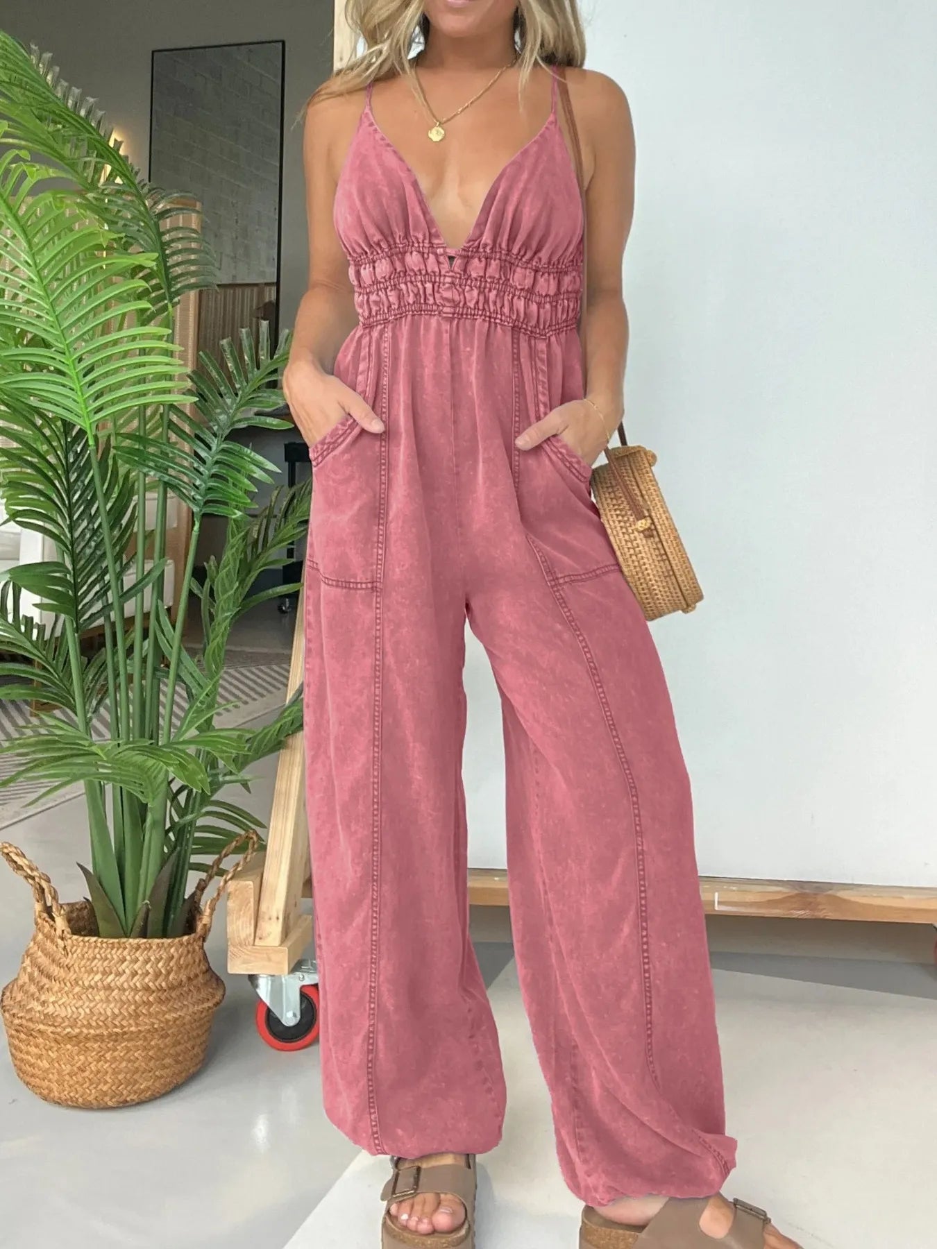 Full Size Wide Leg Spaghetti Strap Jumpsuit Plus Size Gray Pink - Fashorio