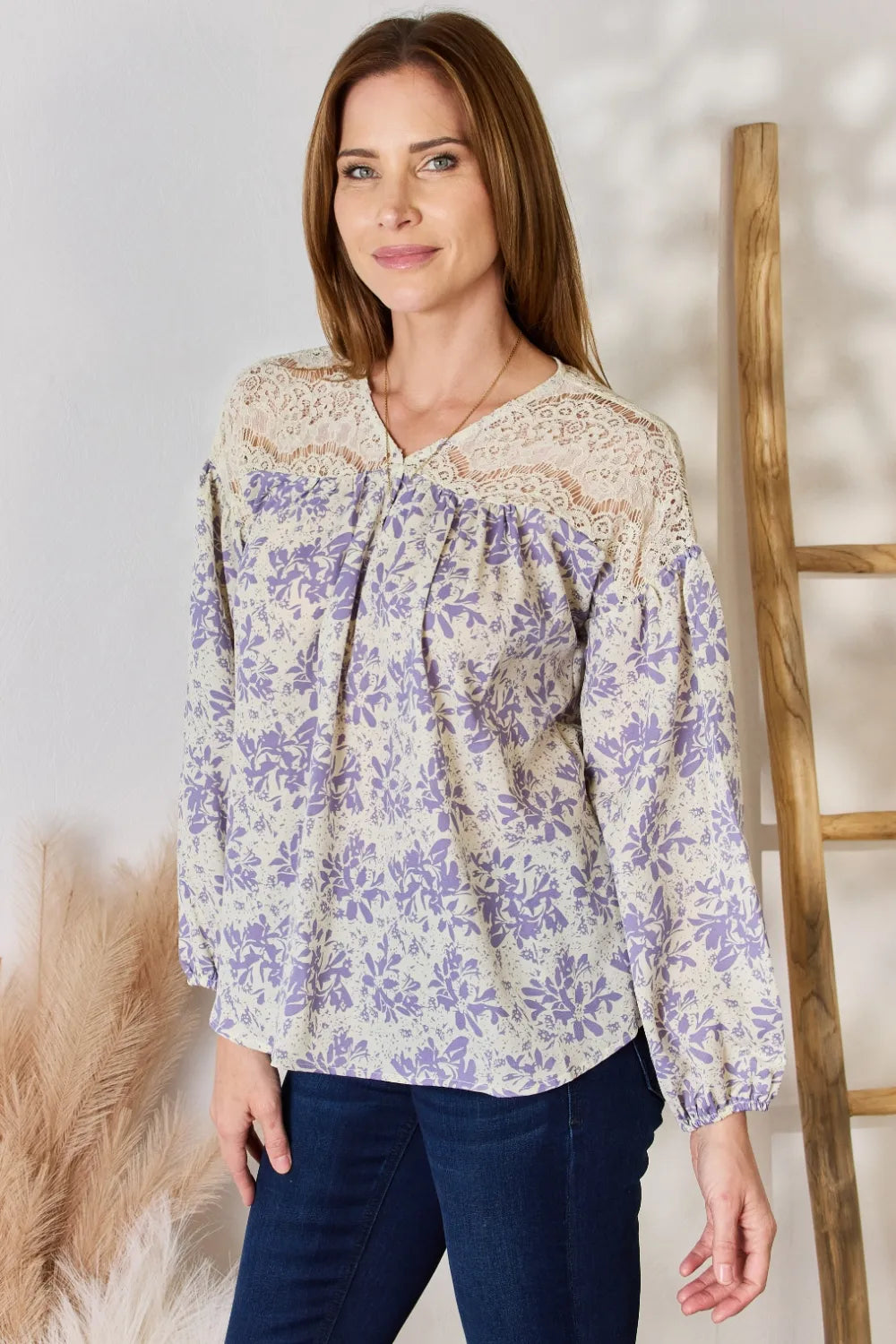 Hailey & Co Full Size Lace Detail Printed Blouse - Fashorio