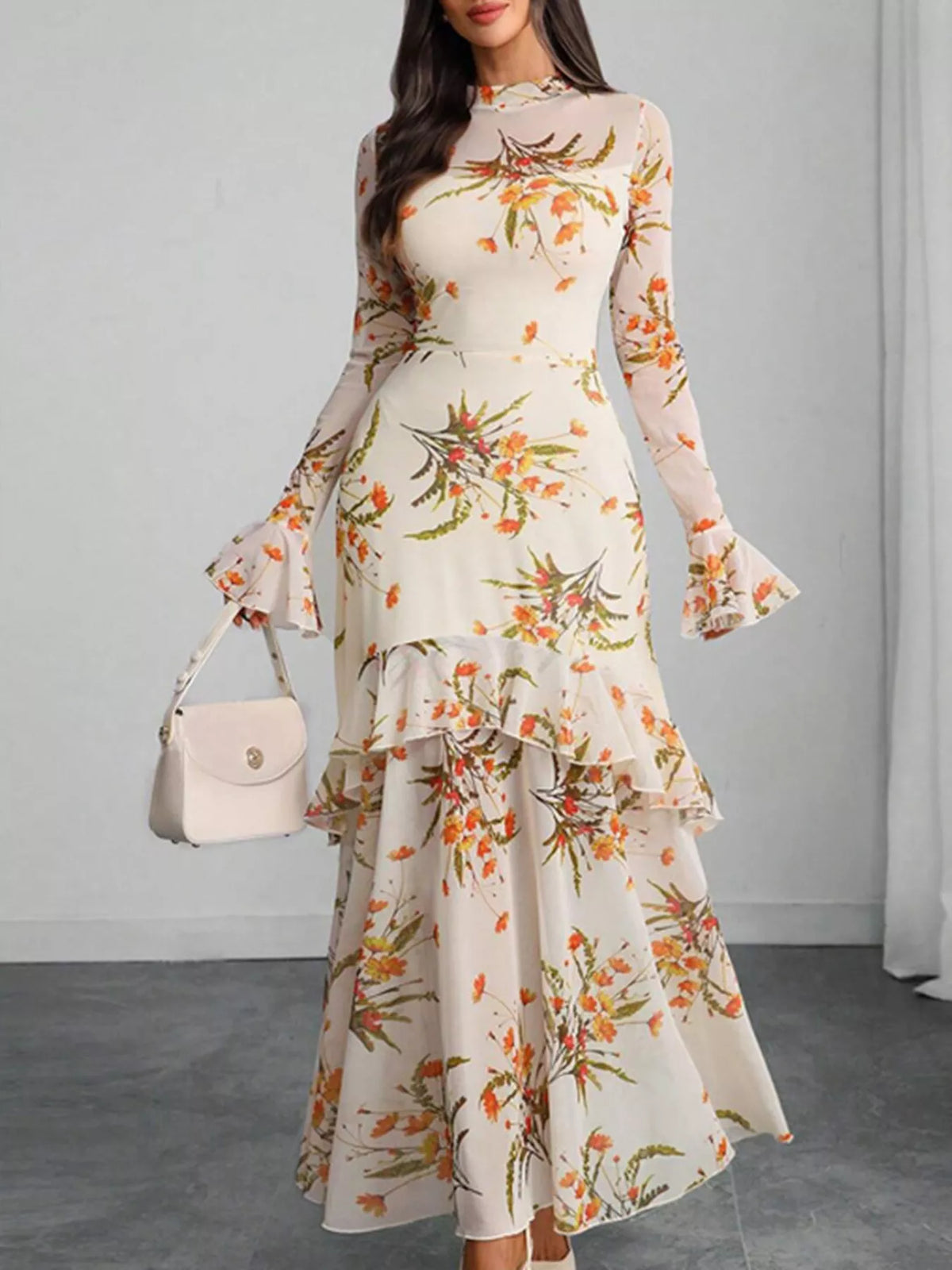 Floral flounce sleeve mermaid maxi dress, styled look