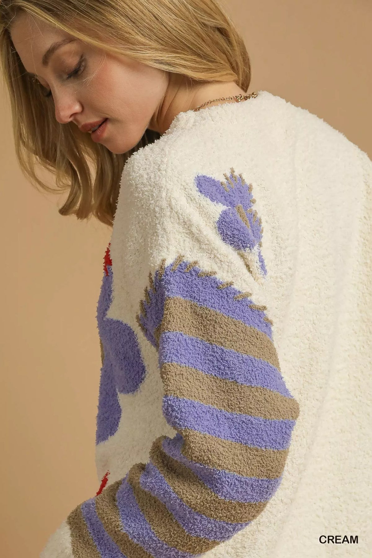 Floral Jacquard Striped Long Sleeve Sweater in Cream on model