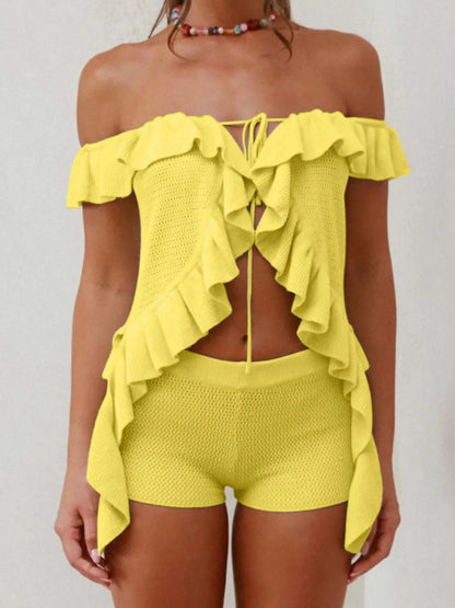 Off-Shoulder Ruffle Top and Shorts Sweater Set - Fashorio
