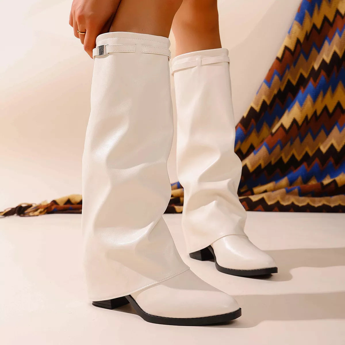 Pointed toe block heel boots toe close up