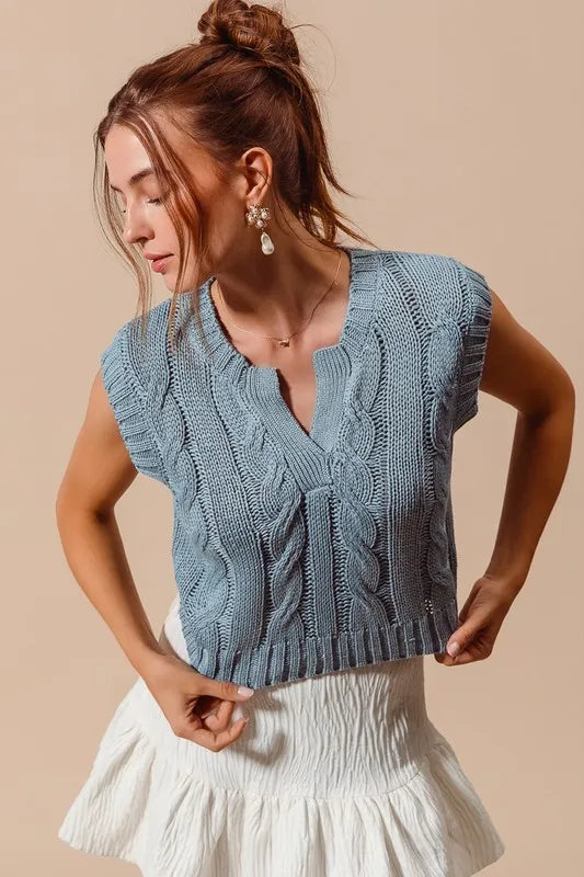 Notched Neck Cable Knit Sweater Vest in Denim Blue back view