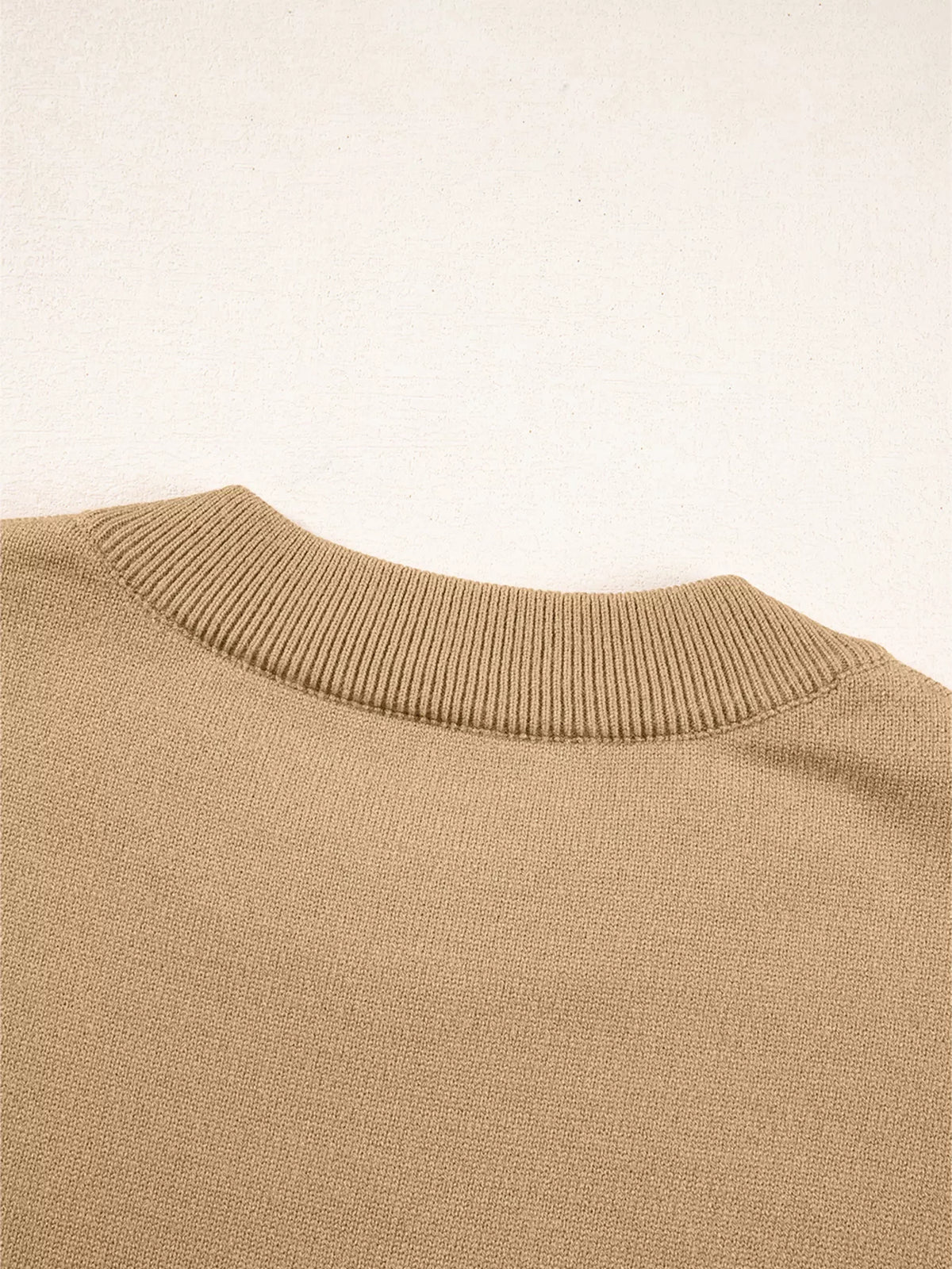 center seam drop shoulder pullover sweater camel front view