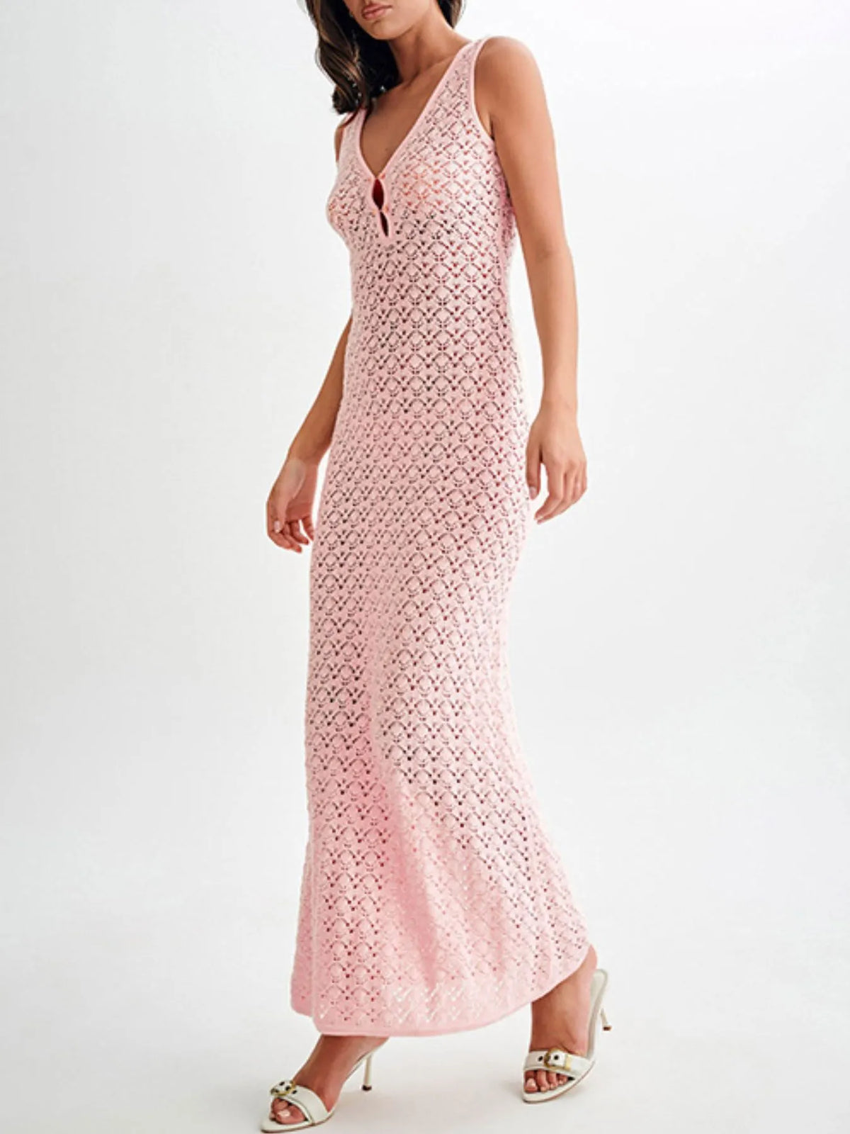 lace crochet V neck sleeveless maxi dress three quarter view