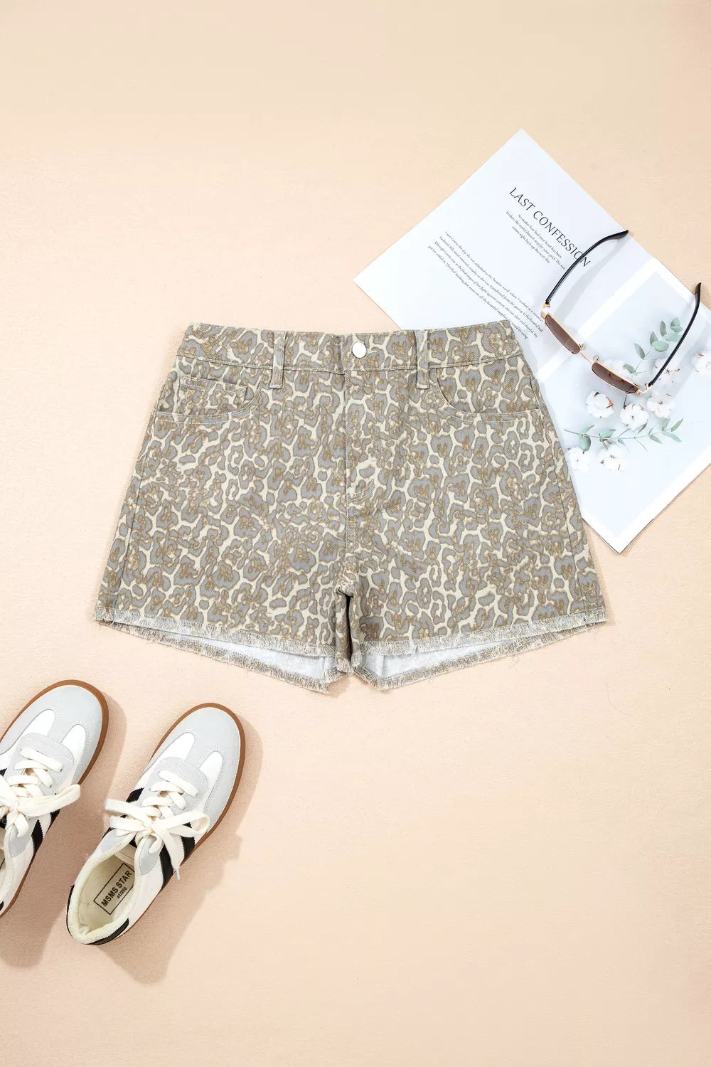 Khaki leopard print raw edge denim shorts back view