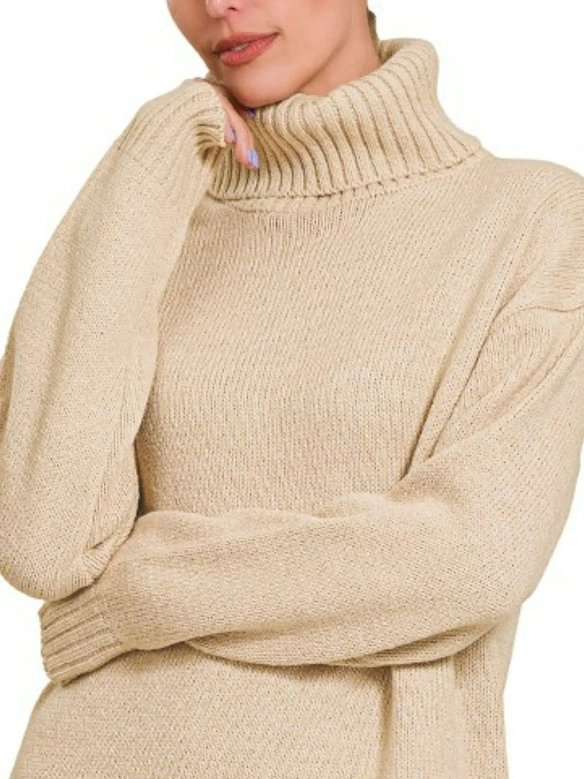 Turtleneck Long Sleeve Midi Sweater Dress in Beige back view